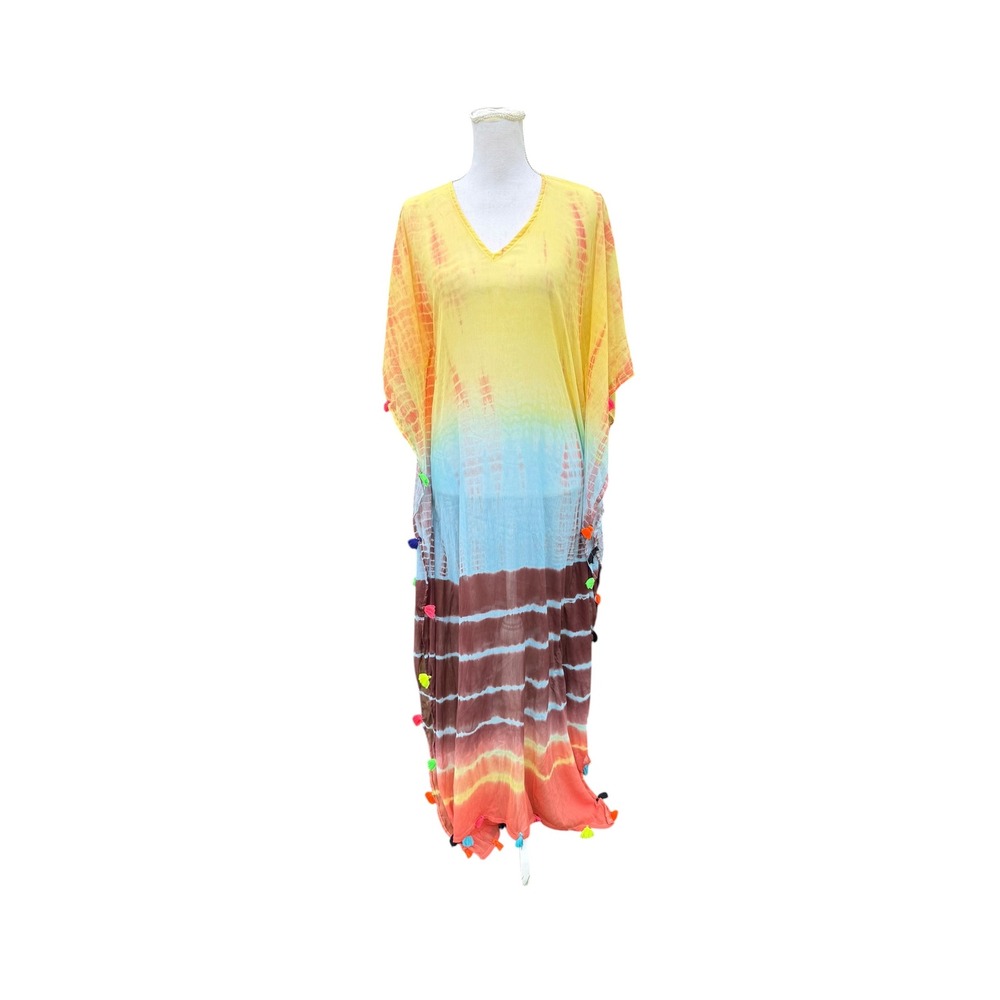 Raj Silk Tie Dye Kaftan Cover Up Womens‎ OS Yellow Blue Tassel Trim Maxi NWT